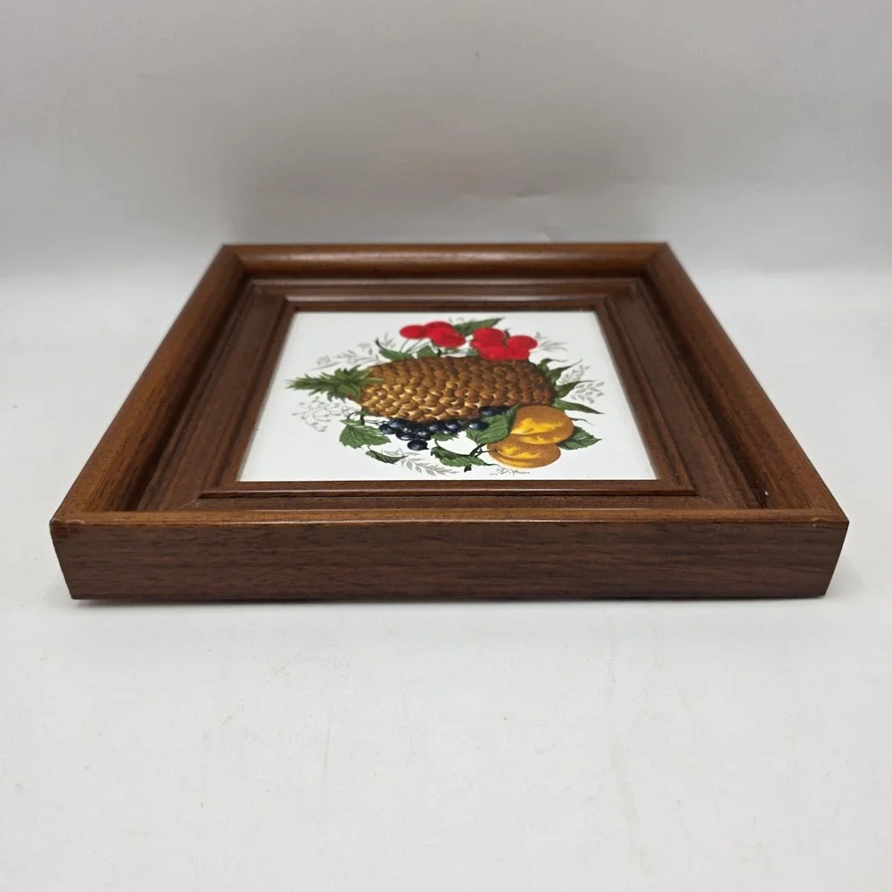 Vintage Fruit Still Life Framed Ceramic Tile Art Pineapple Brown Wood MCM Decor